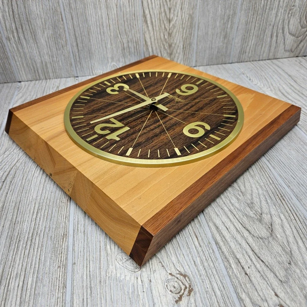 Seth Thomas Satinwood Wall‎ Clock Mid Century Modern Wood Block 2540-000 Vintage